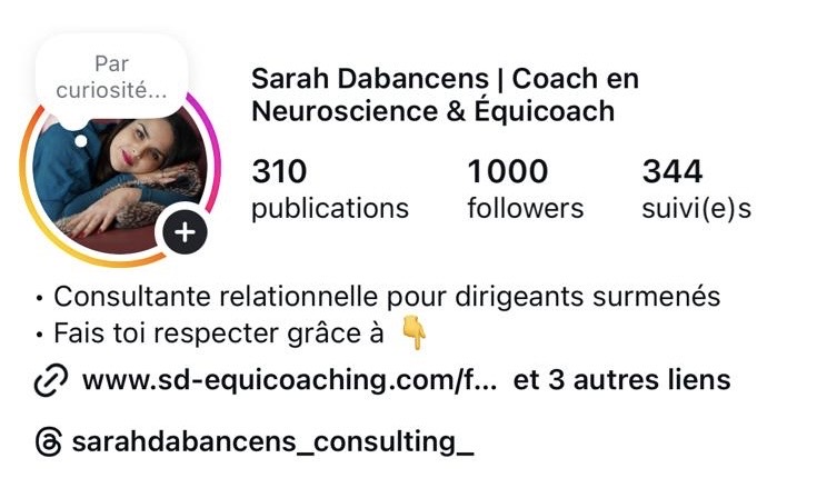 Profil Instagram de Sarah Dabancens au départ : 310 publications, 1 000 abonnés