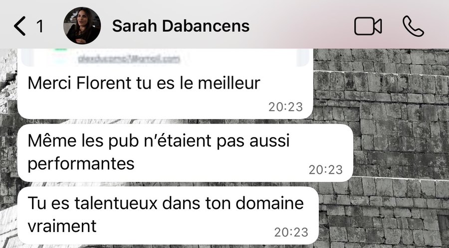 Messages de Sarah : merci Florent tu es le meilleur, même les pubs n'étaient pas aussi performantes