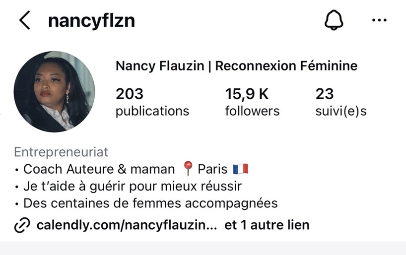 Profil Instagram de Nancy Flauzin trois mois plus tard : 203 publications, 15,9 k abonnés