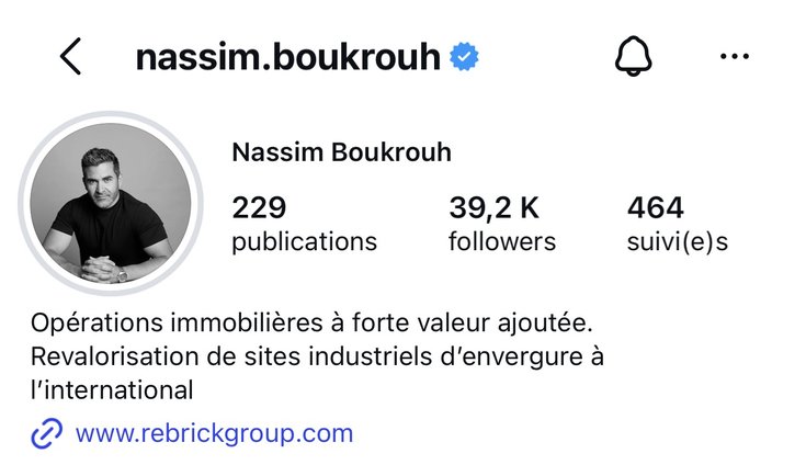 Profil Instagram de Nassim Boukrouh : compte certifié, 39,2 k abonnés